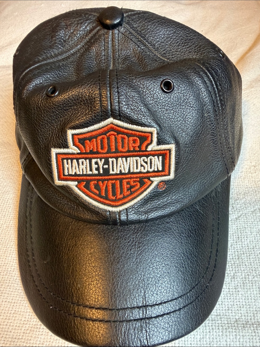 Harley-Davidson Black Leather Cap with Orange & White Logo